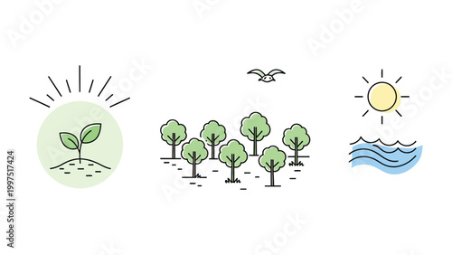 Environmental Harmony: Simplified eco-friendly elements like plant, tree, sun, water, and bird, expressing concepts of new growth, natural life, and ecology.