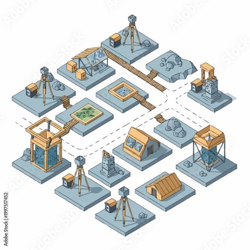 Isometric illustration of an archaeological dig site with various excavation tools and structures.