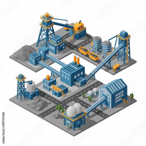 Isometric illustration of a modern industrial coal processing plant with conveyor belts and storage silos.