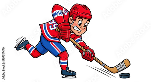 Photography Focused Young Male Ice Hockey Player in Red and Blue Uniform Skating and Hitting