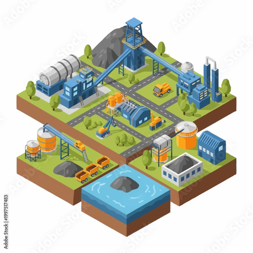 Isometric view of a coal mining and processing plant with trucks, conveyor belts, and water.