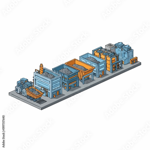 Isometric illustration of a coal processing plant with machinery and trucks.