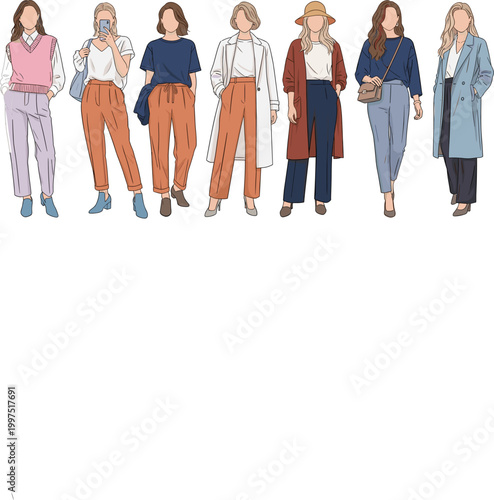 Stylish women outfit collection with modern casual fashion looks, trendy female characters in coats, pants and accessories isolated on light background vector illustration