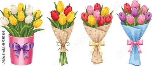 Tulip bouquets collection with colorful spring flowers in pots and wraps, romantic floral arrangements set isolated on light background realistic vector illustration