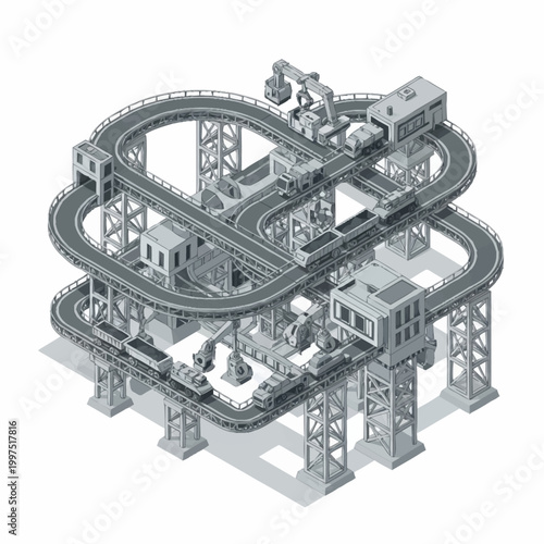 Complex industrial factory with automated conveyor belts and robotic arms in an isometric view.