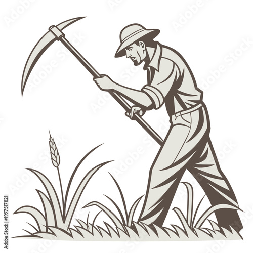 Man using a sickle to cut grass cutting farming