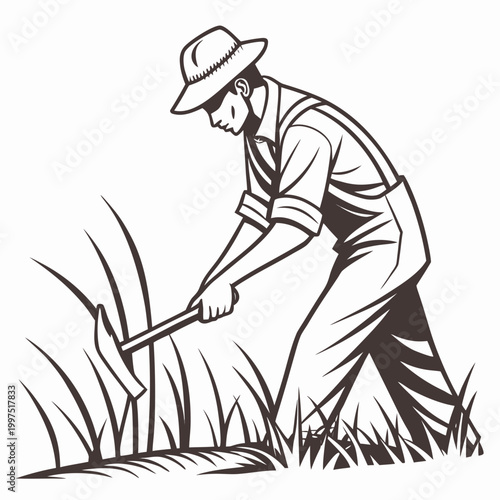 Man cutting grass with a scythe agriculture