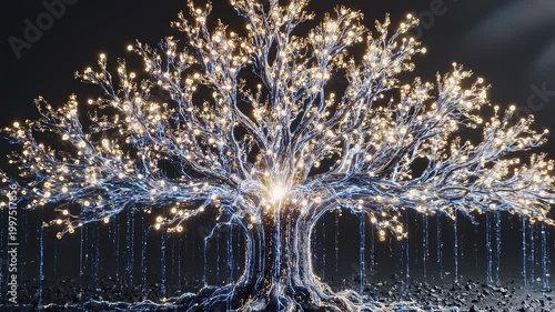 Glowing seed digital tree with luminous branch, electric light sparks and lightning energy, futuristic forest network, magical growth concept