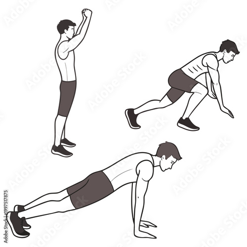 Burpees exercise steps in black and white fitness workout