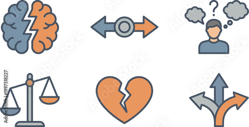 Decision icons depict choices and emotional conflicts in daily life paths.