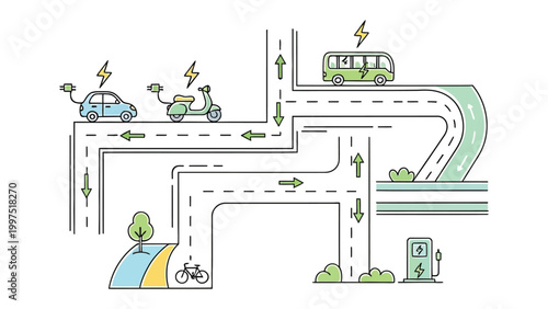 Electric Vehicle in the City: A dynamic illustration showcases the future of transportation, with an electric car, scooter, and bus navigating a city grid, symbolizing sustainable mobility.