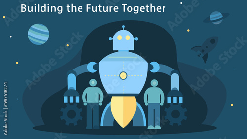 robot and humans collaboration in space themed illustration high quality professional
