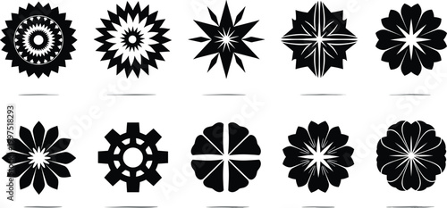 Abstract black floral and geometric rosette shapes collection with decorative circular patterns, ornamental design elements set isolated on light background vector illustration