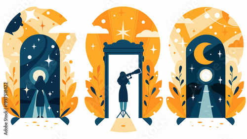triptych illustration of portals with celestial and nature themes high quality
