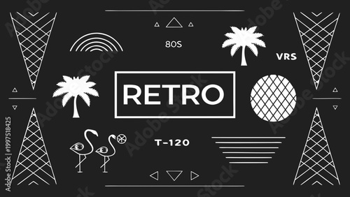 retro 80s synthwave kit with white geometric shapes on black background