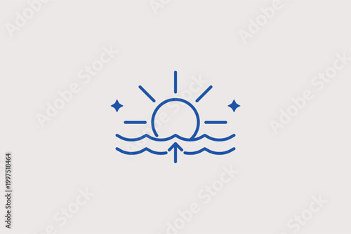 Sunrise over sea line icon for early morning maritime reports and coastal travel planning. Serene vector illustration for vacation booking apps and daily news broadcast headers.