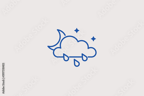 Rainy night cloud line icon for evening precipitation tracking and nocturnal weather updates. Atmospheric vector illustration for sleep quality apps and night-time commute planning tools.