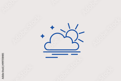 Sun behind sea clouds line icon for hazy coastal conditions and humid maritime climates. Scenic vector illustration for beach resort websites and marine navigation status displays.