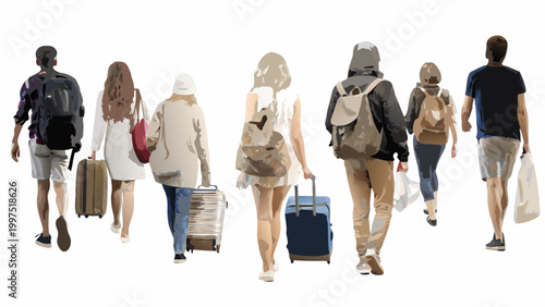 people walking away with luggage and backpacks high quality professional detailed