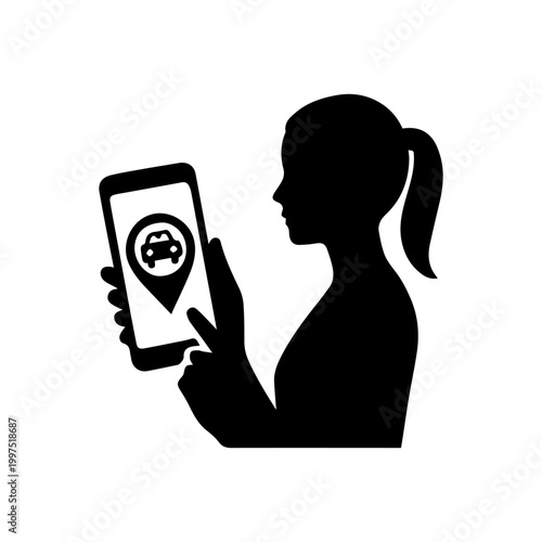 Woman booking ride-sharing car service using mobile app