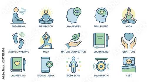 Wellness symbols illustrate healthy habits for daily mental clarity.