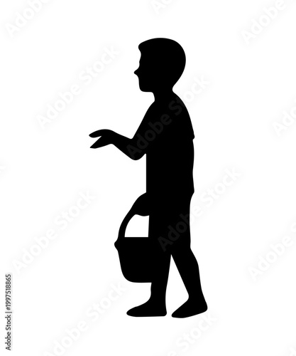 Boy silhouette carrying a bucket, picking mushrooms