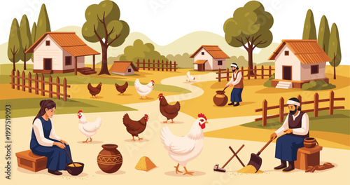 Set of Cute Cartoon Hen and Yellow Chick Illustrations in Various Poses for Childrens Education, Nursery Decor, Poultry Farming, and Rural Countryside Graphic Designs