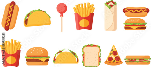 Fast food collection with burgers fries hot dogs tacos pizza and sandwiches, colorful street food set isolated on light background vector illustration