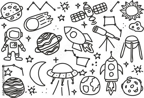 Hand Drawn Outer Space Elements Doodle Set with Astronaut and Rockets