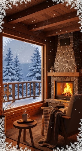 Cozy cabin interior with crackling fireplace, large window view of snowy forest