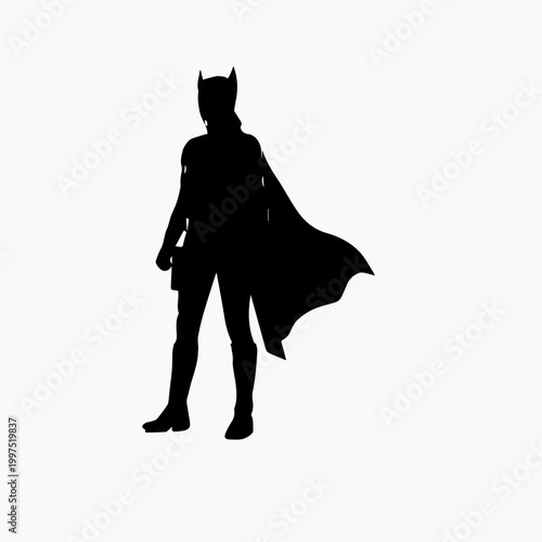 A bold black silhouette of a masked vigilante standing confidently with a flowing cape. This minimalist design captures the iconic essence of a nocturnal hero, symbolizing strength, mystery, and justi