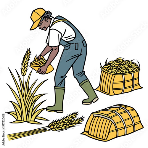 Man harvesting grain into a sack green boots blue overalls