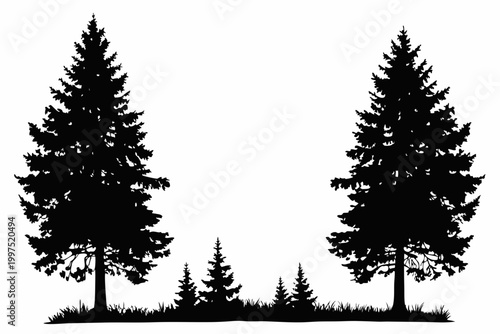 forest scene silhouette with pine trees and grass against white background