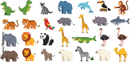 Wild animals collection with safari jungle and zoo creatures including lion elephant giraffe tiger zebra and more, colorful cartoon wildlife set isolated on light background vector illustration