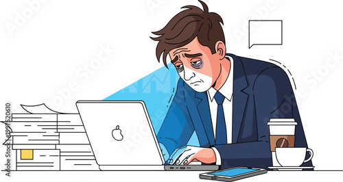Exhausted businessman working late on laptop with stress and workload illustration