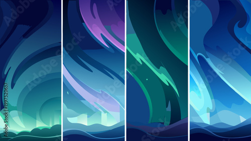 set of four stylized vector art illustrations depicting ocean waves