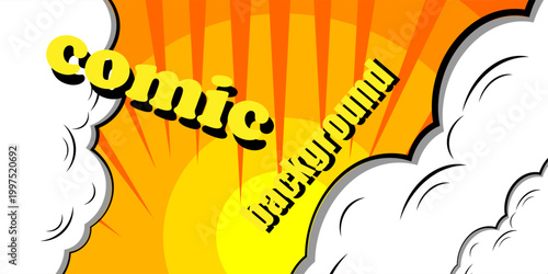 Sunset bright pop art comic background with halftone color and funny cloud vector
