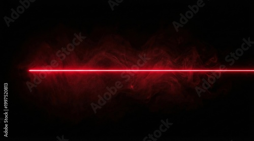 Bright red laser line glows across a black background with soft drifting smoke. Concept of technology, security, sci fi, energy, overlay, design, and abstract background. Generative AI.