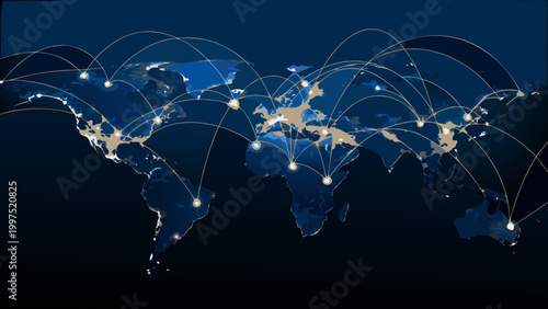 Foto world map with global network connections on dark blue background