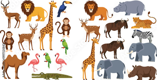 Safari wild animals vector set including lion, elephant, giraffe, zebra, monkey, birds and reptiles cartoon collection isolated on white background