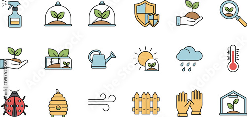 Plant care and gardening flat icons set with protection growth and maintenance