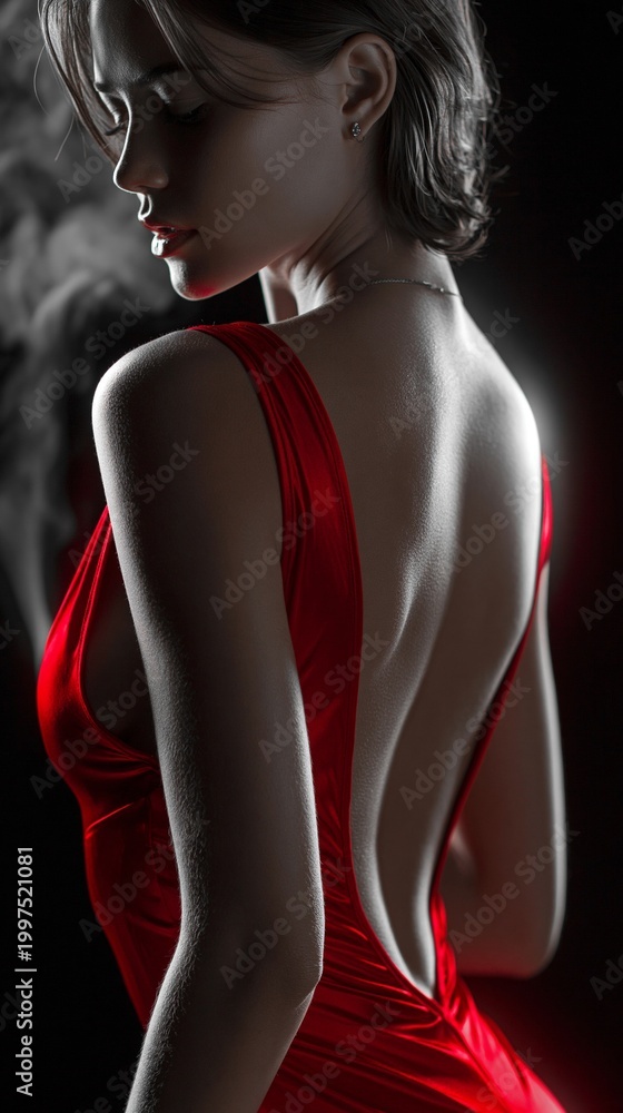 Fototapeta premium Eine Frau im roten rückenfreien Kleid steht vor dunklem Hintergrund mit atmosphärischem Rauch