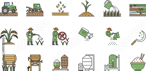 Agriculture farming process icons set with tractor planting watering harvesting rice storage and cultivation vector illustration