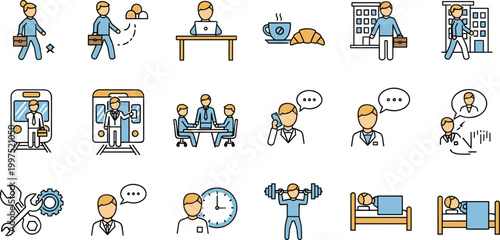 Businessman daily routine icons set with work commute meeting exercise sleep and communication vector illustration