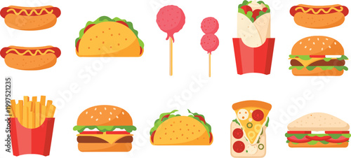Fast food icons set with burgers fries hot dogs tacos pizza and sandwiches, colorful junk food collection isolated on light background vector illustration
