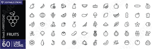 Fruits 60 icons set. Includes symbols of apple, banana, grapes, orange, strawberry, and healthy fresh food items. Editable stroke. Vector illustration. Outline icons.
