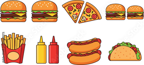 Fast food icons collection with burgers pizza fries hot dogs tacos and sauces, colorful junk food set isolated on light background vector illustration