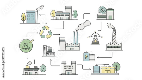 Industrial Illustration: A detailed illustration showcasing a network of buildings, and the interconnectedness of industry, innovation, and infrastructure.