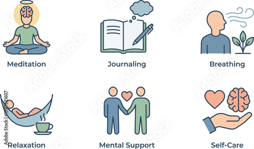 Illustrations depict daily habits for improving mental health and clarity.
