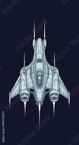 Top-down vector illustration of a sleek futuristic spacecraft with a white aerodynamic hull, detailed cockpit glass, and dual thruster engines against a dark navy background.